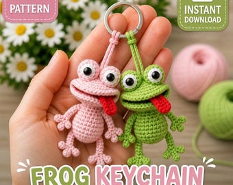 Patrón de ganchillo de rana de patas largas en PDF, llavero de rana amigurumi sin costuras, mini adorno para bolso