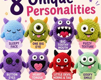 Monster Crochet Pattern PDF, Crochet Keychain Pattern, 8 Amigurumi Monster Keychain Designs