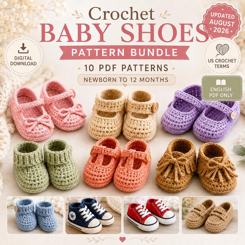 Patrón de ganchillo para patucos de bebé en PDF, patrón de zapatos de bebé a ganchillo, 10 diseños de patucos y zapatillas para recién nacidos imagen 2