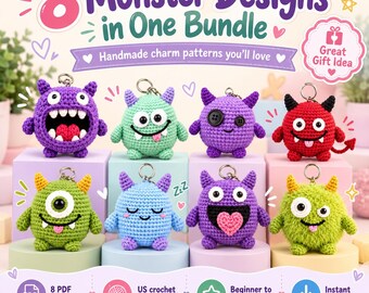 Monster Crochet Pattern PDF, Crochet Keychain Pattern, 8 Amigurumi Monster Keychain Designs