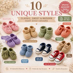 Paquete de patrones de ganchillo para patucos de bebé en PDF, 10 patrones de zapatos para recién nacidos, conjunto de tutoriales para pantuflas de bebé, regalo de ganchillo para baby shower, paquete para principiantes