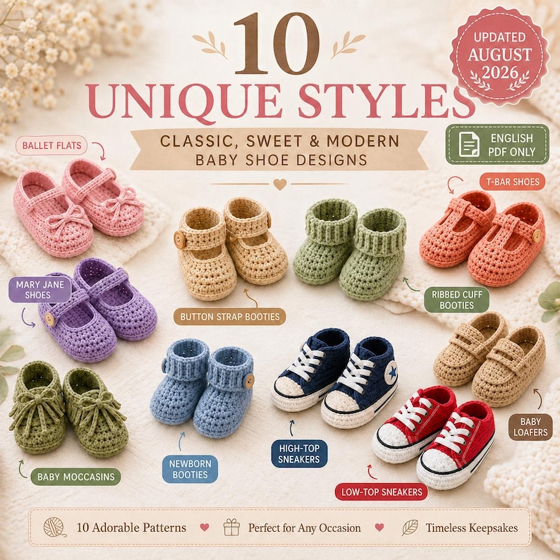 Patrón de ganchillo para patucos de bebé en PDF, patrón de zapatos de bebé a ganchillo, 10 diseños de patucos y zapatillas para recién nacidos imagen 1