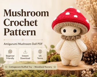 Crochet Mushroom Pattern PDF, Amanita Toadstool Amigurumi, Kawaii Cottagecore Plush, Beginner Tutorial Instant Download