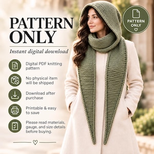 Pode incluir: Um padrão de tricô digital em formato PDF para um cachecol com capuz na cor verde sálvia. A imagem inclui o texto PATTERN ONLY, Instant digital download, Digital PDF knitting pattern, No physical item will be shipped, Download after.