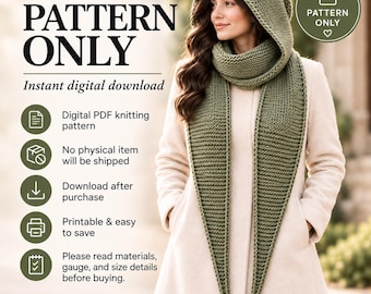 Hooded scarf knitting pattern PDF, adult winter scarf with garter stitch, i-cord edges, tapered ends, and beginner-friendly instructions