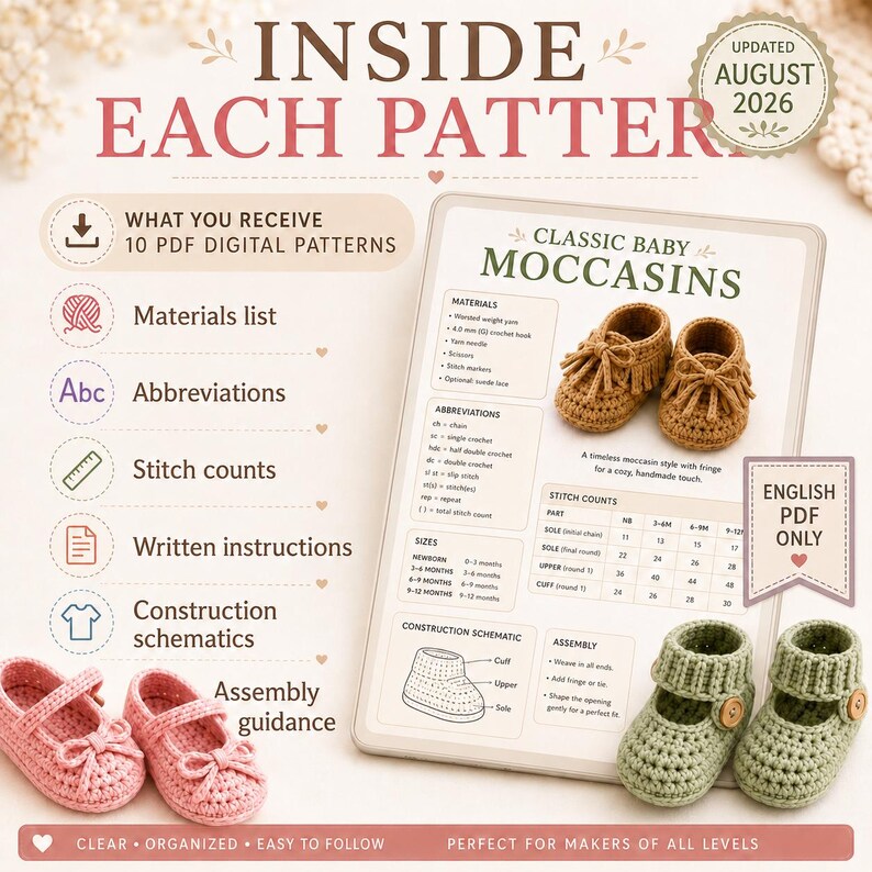 Patrón de ganchillo para patucos de bebé en PDF, patrón de zapatos de bebé a ganchillo, 10 diseños de patucos y zapatillas para recién nacidos imagen 7