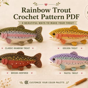 Haakpatroon regenboogforel pdf, realistische vis amigurumi pluche, vissen decor cadeau, Cottagecore natuurliefhebber haakwerk, instant download