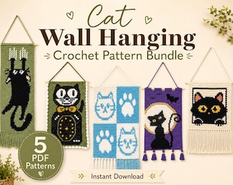 Cat Wall Hanging Crochet Pattern Bundle PDF, Tapestry Crochet Chart, Black Cat Home Decor, Beginner Crochet Wall Art, Instant Download