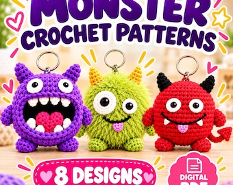 Monster Crochet Pattern PDF, Crochet Keychain Pattern, 8 Amigurumi Monster Keychain Designs