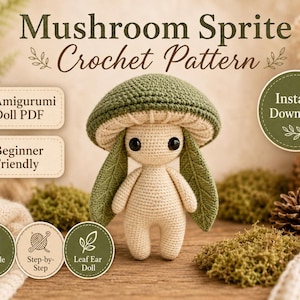 Peut inclure: Un modèle au crochet pour une poupée amigurumi Mushroom Sprite. Le texte indique Mushroom Sprite Crochet Pattern, Amigurumi Doll PDF, Beginner Friendly, Instant Download, Printable PDF, Step-by-Step et Leaf Ear Doll. La poupée est beige avec un chapeau vert.