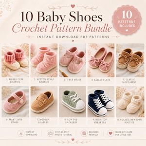 Könnte beinhalten: Ein digitales Häkelmuster-Paket mit 10 Babyschuhen, darunter gerippte Stiefelchen, Stiefelchen mit Knopfriemen, T-Spangen-Schuhe, Ballerinas, klassische Mokassins, Mary Janes, moderne Slipper, Low-Top-Sneaker, High-Top-Sneaker und Neugeborenen-Schühchen.