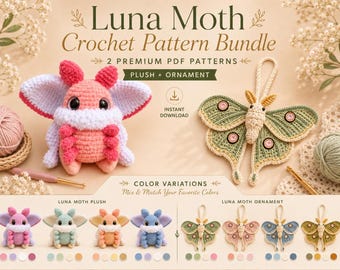 Luna Moth Crochet Pattern Bundle | Amigurumi Moth Plushie | Hanging Ornament PDF | Cottagecore Insect Decor Tutorial