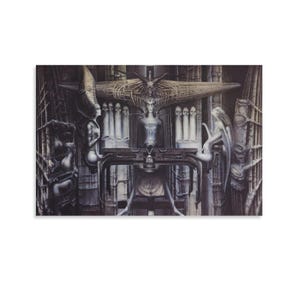 May include: A print featuring a surreal, grayscale artwork with gothic and biomechanical elements. The central figure is a humanoid with a horned headdress, surrounded by architectural structures and other figures. The artwork has a dark, atmospheric quality.