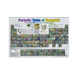 May include: A poster titled "Periodic Table of Cannabis" with a light gray background. The poster features a colorful design with the title at the top and a grid of elements. The poster includes images of cannabis leaves and plants.