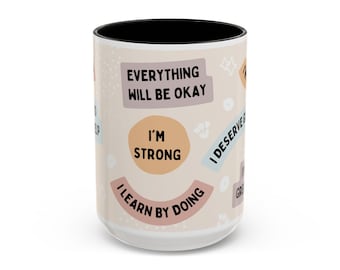 Taza de café con frases motivacionales y afirmaciones positivas