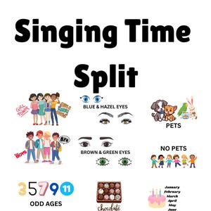 Könnte beinhalten: Ein farbenfrohes Poster mit dem Titel "Singing Time Split". Das Poster enthält Illustrationen von Kindern, Augen, Haustieren und Lebensmitteln wie Schokolade und einem Cupcake. Es listet auch Monate und Zahlen auf.