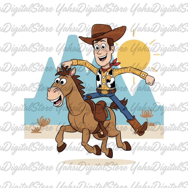 May include: Cartoon illustration of a cowboy riding a brown horse. The cowboy wears a brown hat, a yellow shirt, a vest with a cow pattern, blue jeans, and brown boots. The background features mountains and a sun.