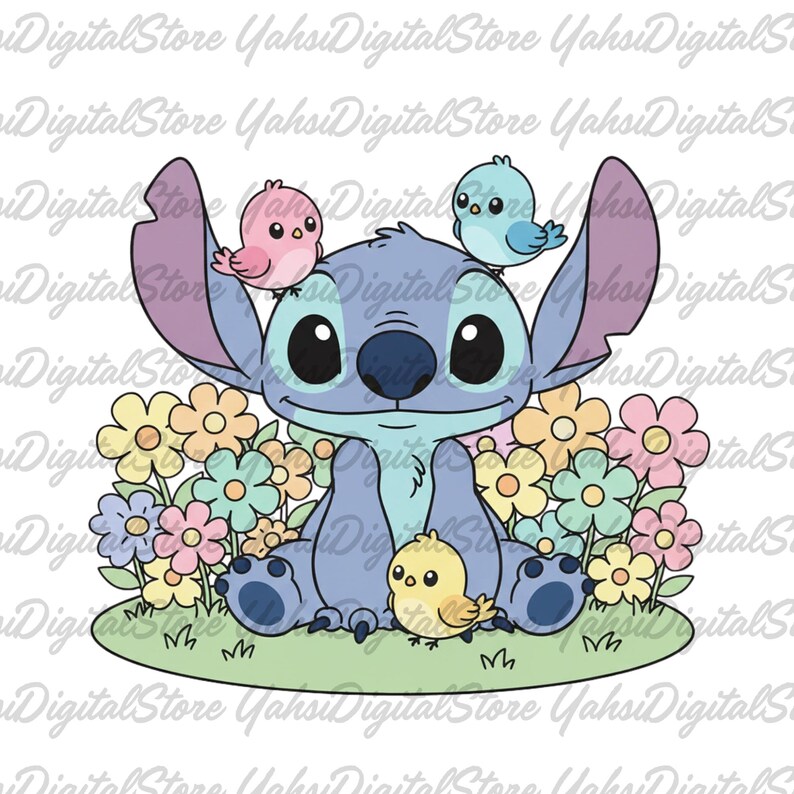 Cute Stitch PNG Kawaii Stitch Floral Cartoon Stitch Digital Download ...