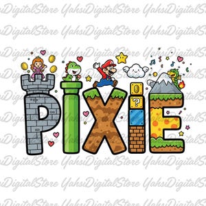 May include: A colorful graphic featuring the word "PIXIE" with a castle, green pipes, and a mountain. Characters like Mario, Yoshi, and a princess are depicted. Hearts, stars, and coins add to the playful design.