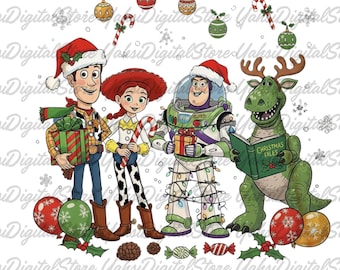 May include: A digital illustration featuring characters from Toy Story in festive Christmas attire. Woody holds a wrapped gift, Jessie has a candy cane, Buzz Lightyear is wrapped in lights, and Rex reads "Christmas Tales". Ornaments and snowflakes complete the holiday scene.