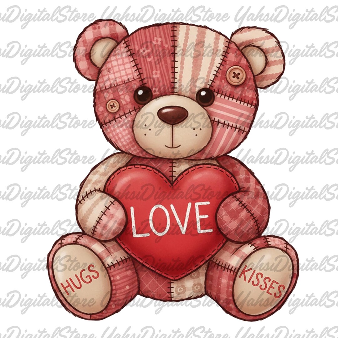 Patchwork Teddy Bear PNG, Valentine Bear Design, Love Hugs Kisses Shirt ...