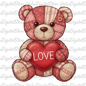May include: A patchwork teddy bear illustration in shades of pink and beige, holding a red heart with the word "LOVE" in white. The bear has button eyes and stitched details, with "HUGS" and "KISSES" on its paws.