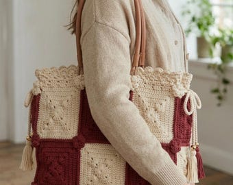 Checkerboard Granny Square Bag Pattern PDF, Crochet Tote Tutorial, Patchwork Purse