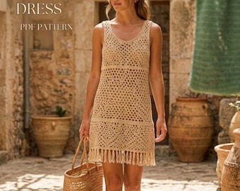 Crochet Dress Pattern PDF, Boho Summer Tunic Tutorial, Fringe Beach Cover Up DIY(Digital Download)