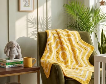 Star Baby Blanket Crochet Pattern PDF, Sunshine Yellow Afghan DIY, Nursery Baby Blanket(Digital Download)