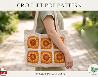 Granny Square Bag Crochet PDF Pattern, Sunburst Tote Tutorial, Boho Summer Purse DIY(Digital Download)