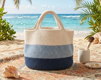 Crochet Basket Pattern PDF, Beach Bag Crochet DIY, Color Block Market Bag(PDF)