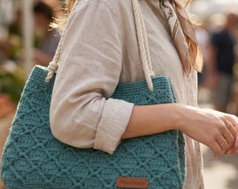 Crochet Market Bag Pattern PDF - Modern Diamond Stitch Shoulder Tote, Structured Hobo Purse DIY