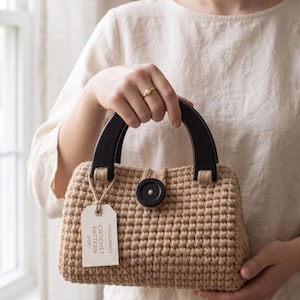 Patroon voor een dikke gehaakte tas (PDF), handleiding voor een tasje van T-shirtgaren, doe-het-zelf handtas met houten handvat
