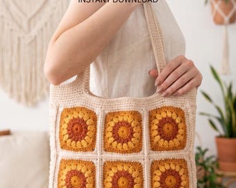 Granny Square Bag Crochet Pattern PDF, Sunburst Beach Bag, Boho Summer Purse DIY(Digital Download)