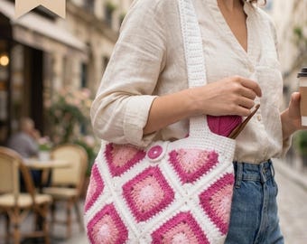 Granny Square Tote Bag Pattern PDF, Pink Crochet Market Bag, Boho Summer DIY(Digital Download)