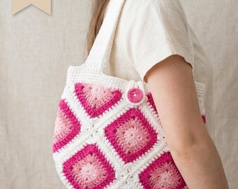 Granny Square Tote Bag Pattern PDF, Pink Crochet Market Bag, Boho Summer DIY(Digital Download)