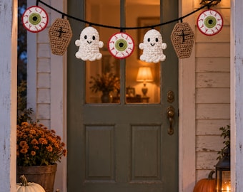 Halloween Crochet Garland Pattern PDF | Spooky Amigurumi Bunting DIY | Ghost Eyeball Coffin Decor