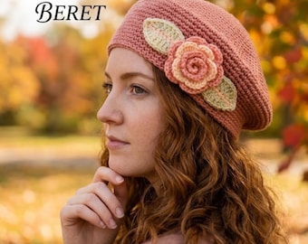 Vintage Rose Crochet Beret Pattern | Bookworm's Delight Hat PDF | Cottagecore French Beret
