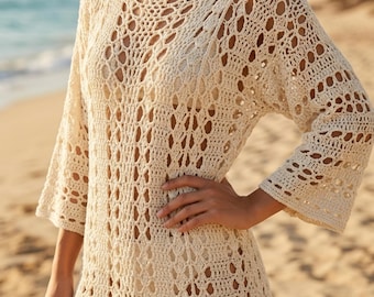 Lacy Scallop Beach Cover Up Crochet Pattern PDF - Boho swimsuit diy, summer tunic pattern (digital download)