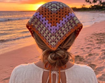 Crochet Bandana Pattern PDF | Boho Triangle Headscarf | Granny Square Hair Tie for Women