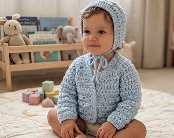 Crochet Baby Boy Set Pattern PDF, Easy Cardigan and Bonnet Pattern, Newborn Sweater Set for Toddler