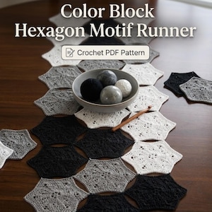 Hexagon Table Runner Crochet Pattern PDF, Monochrome Motif, Modern Home Decor(Digital Download)
