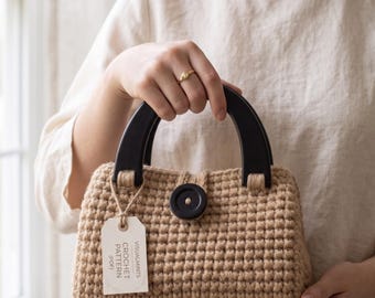 Chunky Yarn Bag Crochet Pattern PDF, T-Shirt Yarn Purse Tutorial, Wooden Handle Handbag DIY(Digital Download)