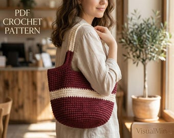 Crochet Tote Bag Pattern PDF, T-Shirt Yarn Handcarry, Shoulder Purse Tutorial PDF(Digital Download)