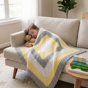 Baby Blanket PDF Crochet Pattern, Charming Yellow and Grey Granny Square Design