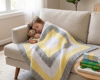 Baby Blanket PDF Crochet Pattern, Charming Yellow and Gray Granny Square Design