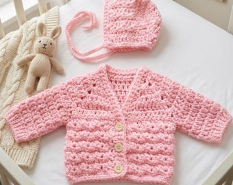 Crochet Baby Girl Set Pattern PDF, Easy Cardigan and Bonnet DIY, Newborn Sweater Set