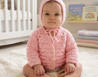 Crochet Baby Girl Set Pattern PDF, Easy Cardigan and Bonnet DIY, Pink Newborn Sweater Set Pattern