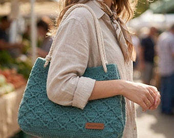 Crochet Tote Bag PDF Pattern - Modern Diamond Stitch Shoulder Tote, Structured Hobo Purse Tutorial(Digital Download)