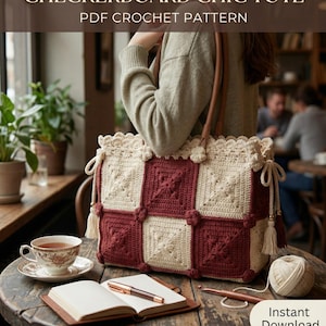 Checkerboard Granny Square Bag Pattern PDF, Crochet Tote Tutorial, Patchwork Purse